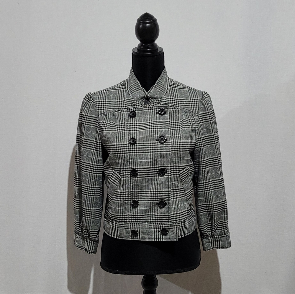 Guess blazer jacket gingham check military style black white neutral cropped